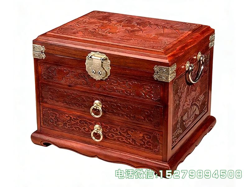 灵寿深棕色雕花抽屉珍品箱