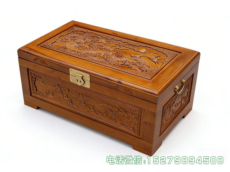 灵寿浅木色山水花鸟雕刻实木箱